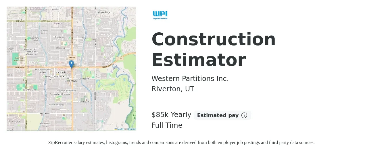 Western Partitions Inc. job posting for a Construction Estimator in Riverton, UT with a salary of $85,000 Yearly with a map of Riverton location.