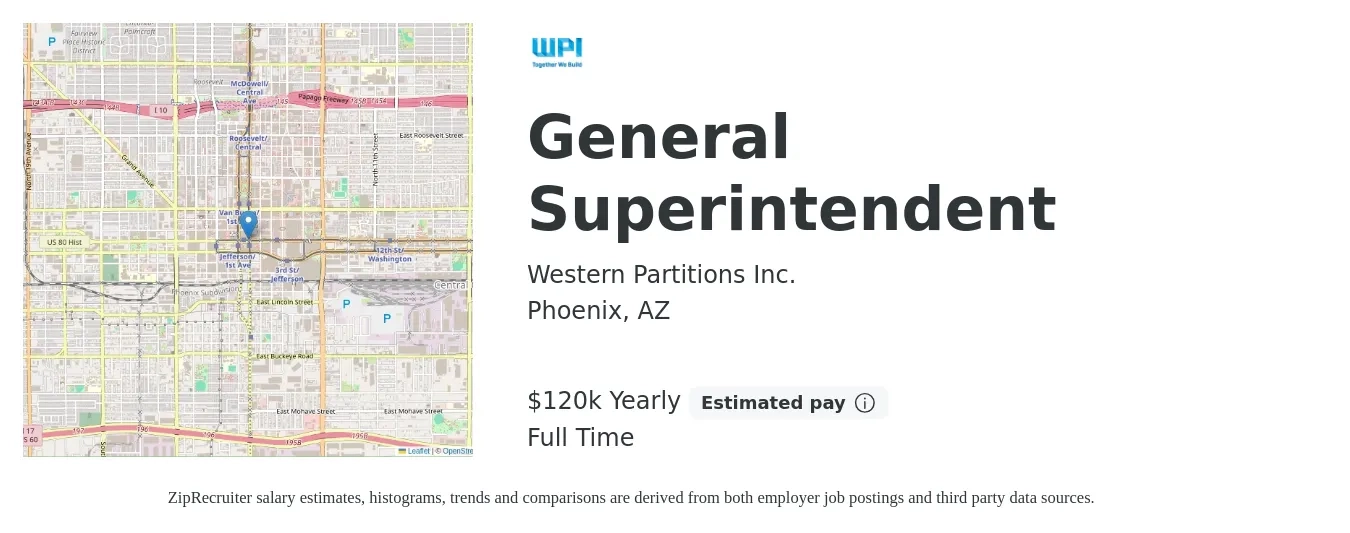 Western Partitions Inc. job posting for a General Superintendent in Phoenix, AZ with a salary of $120,000 Yearly with a map of Phoenix location.