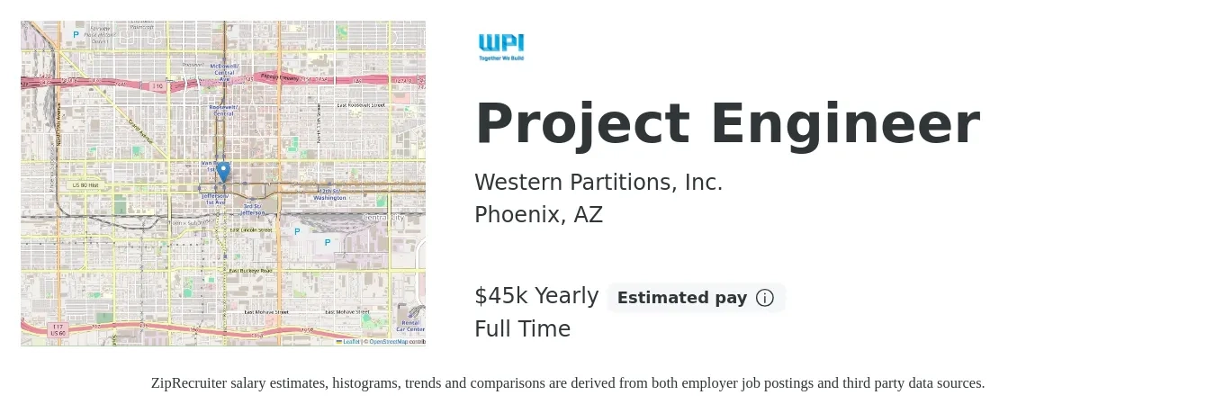 Western Partitions Inc. job posting for a Project Engineer in Phoenix, AZ with a salary of $45,760 Yearly with a map of Phoenix location.