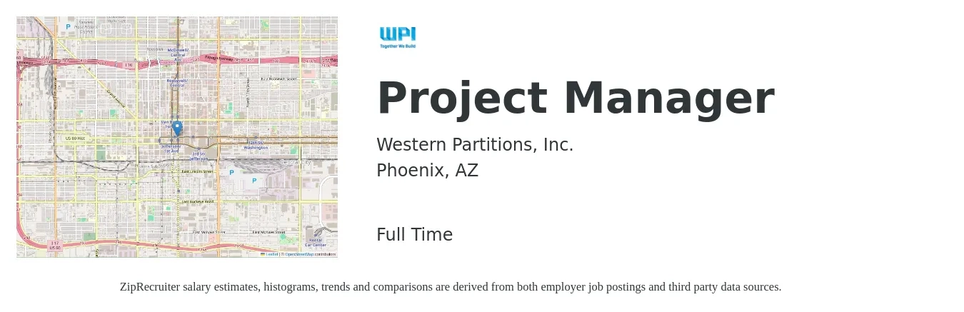 Western Partitions, Inc. job posting for a Project Manager in Phoenix, AZ with a salary of $77,900 to $122,100 Yearly with a map of Phoenix location.