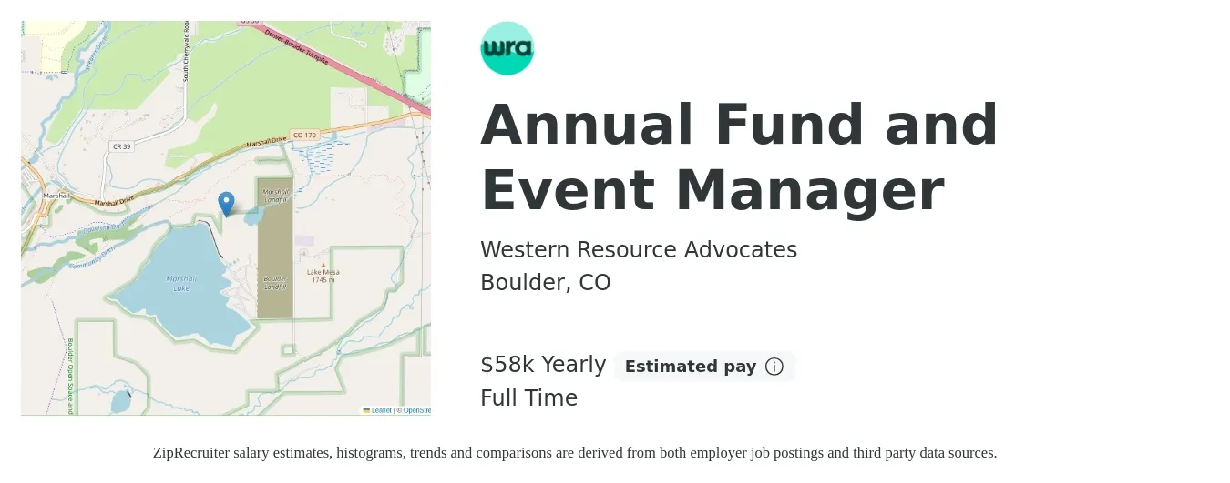 Western Resource Advocates job posting for a Annual Fund and Event Manager in Boulder, CO with a salary of $58,000 Yearly with a map of Boulder location.