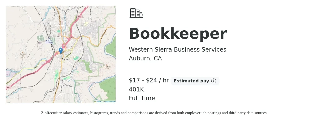 Western Sierra Business Services job posting for a Bookkeeper in Auburn, CA with a salary of $18 to $25 Hourly and benefits including 401k with a map of Auburn location.