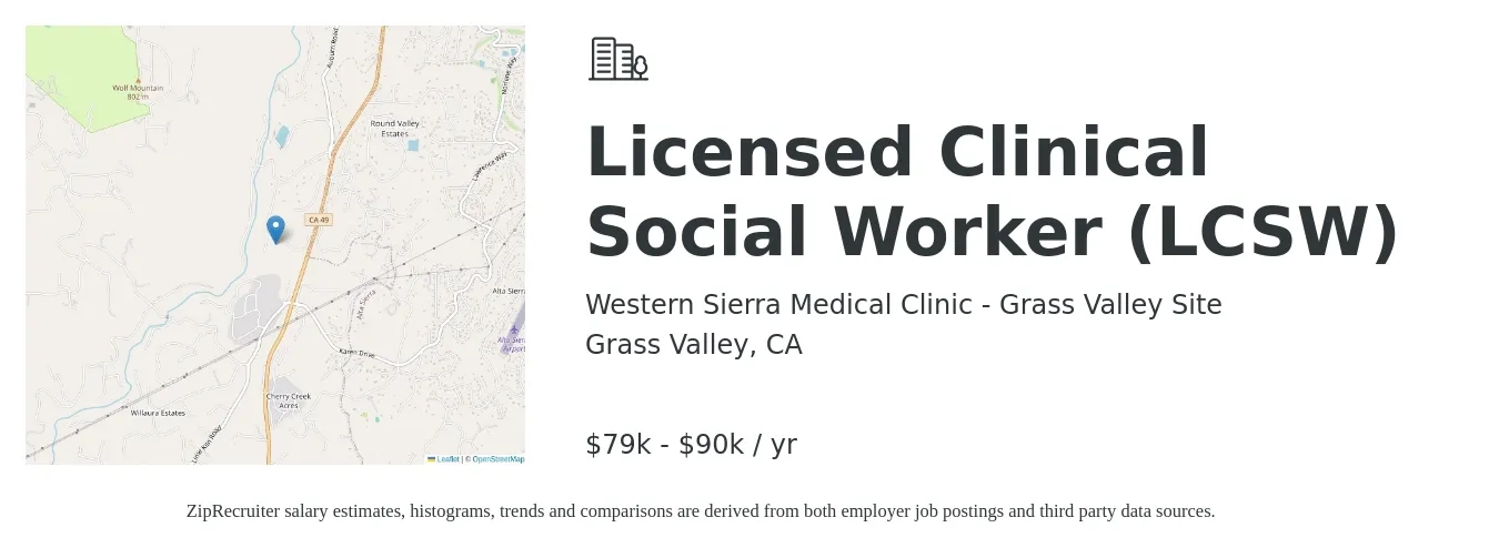 Western Sierra Medical Clinic - Grass Valley Site job posting for a Licensed Clinical Social Worker (LCSW) in Grass Valley, CA with a salary of $79,000 to $90,645 Yearly with a map of Grass Valley location.