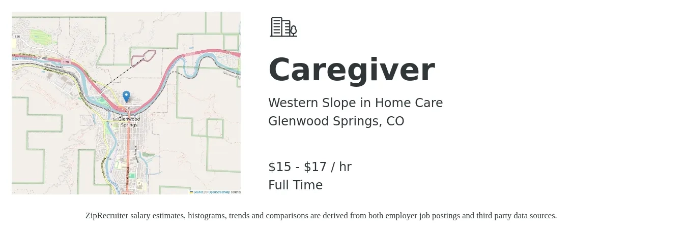 Western Slope in Home Care job posting for a Caregiver in Glenwood Springs, CO with a salary of $16 to $18 Hourly with a map of Glenwood Springs location.