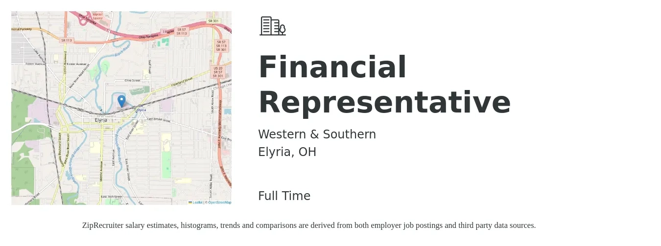 Western & Southern job posting for a Financial Representative in Elyria, OH with a salary of $40,600 to $83,900 Yearly with a map of Elyria location.