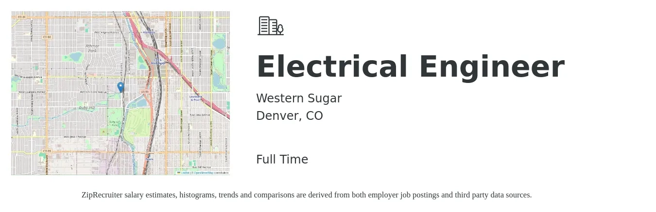 Western Sugar job posting for a Electrical Engineer in Denver, CO with a salary of $83,800 to $133,200 Yearly with a map of Denver location.