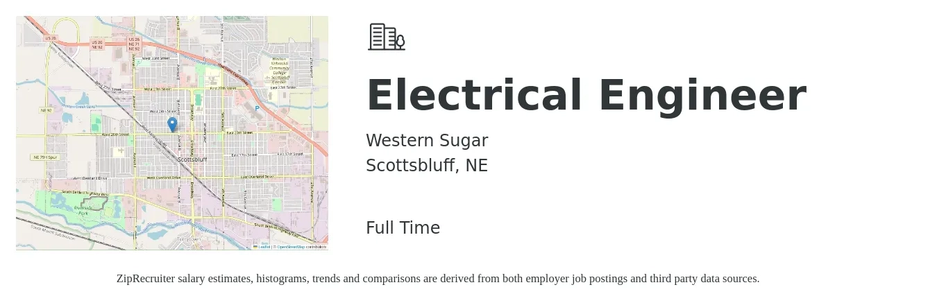 Western Sugar job posting for a Electrical Engineer in Scottsbluff, NE with a salary of $76,000 to $120,800 Yearly with a map of Scottsbluff location.