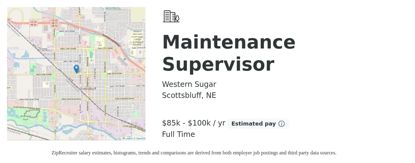 Western Sugar job posting for a Maintenance Supervisor in Scottsbluff, NE with a salary of $85,000 to $100,000 Yearly with a map of Scottsbluff location.