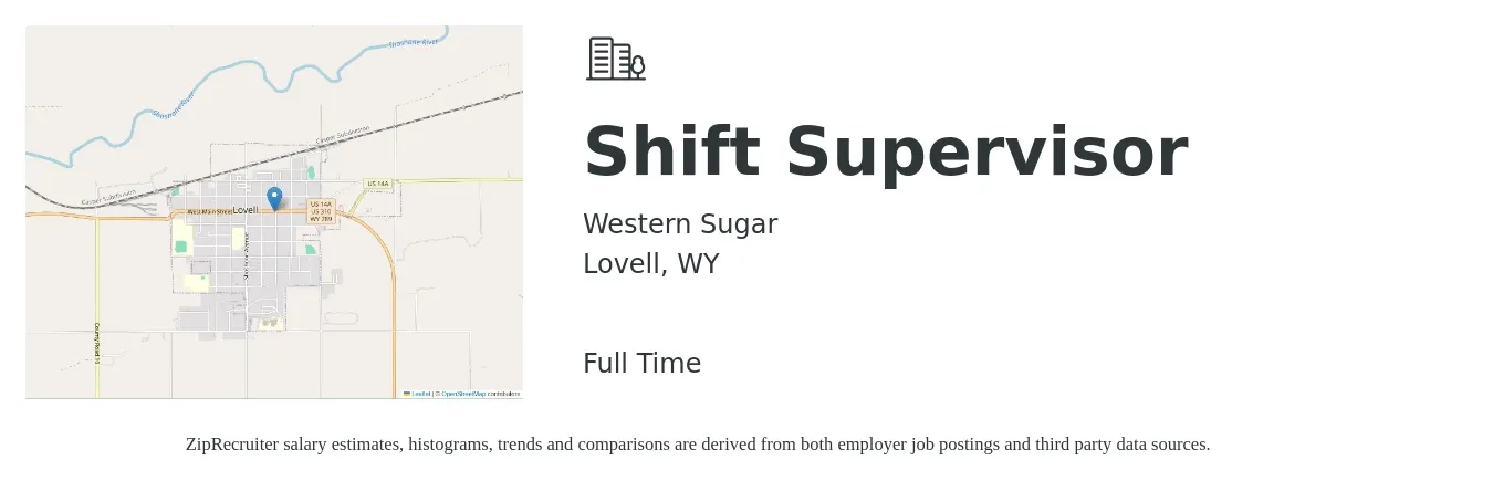 Western Sugar job posting for a Shift Supervisor in Lovell, WY with a salary of $14 to $17 Hourly with a map of Lovell location.