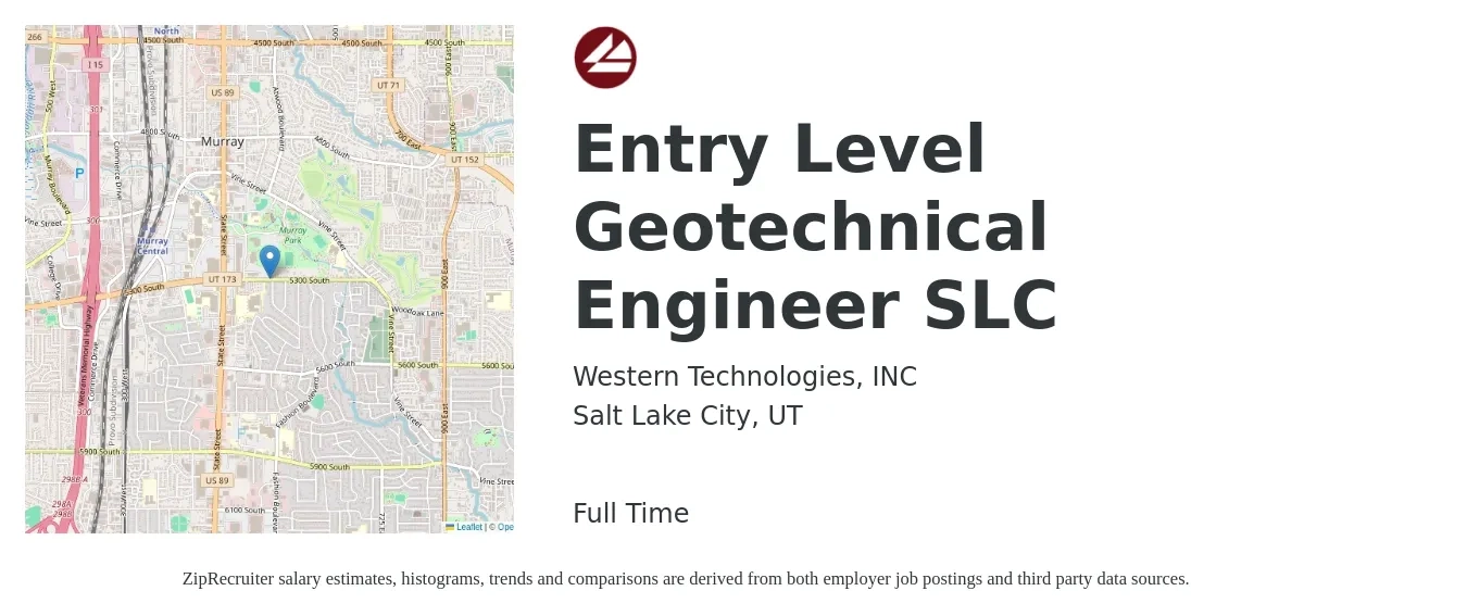 Western Technologies, Inc. job posting for a Entry Level Geotechnical Engineer SLC in Salt Lake City, UT with a salary of $68,700 to $105,500 Yearly with a map of Salt Lake City location.