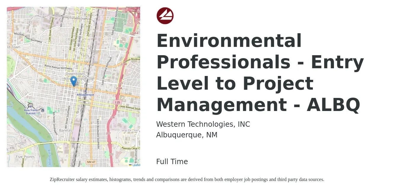 Western Technologies, Inc. job posting for a Environmental Professionals - Entry Level to Project Management - ALBQ in Albuquerque, NM with a salary of $63,400 to $92,200 Yearly with a map of Albuquerque location.