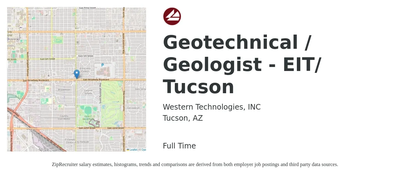 Western Technologies, Inc. job posting for a Geotechnical / Geologist - EIT/ Tucson in Tucson, AZ with a salary of $61,100 to $93,800 Yearly with a map of Tucson location.