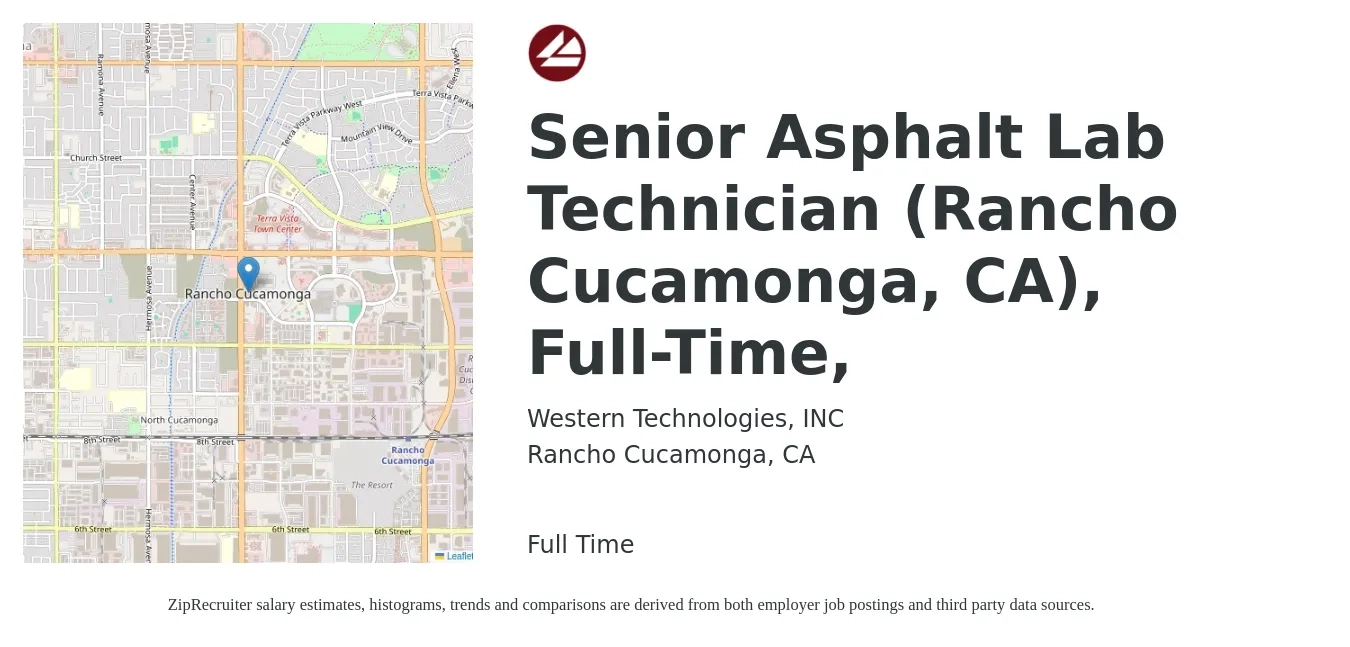 Western Technologies, Inc. job posting for a Senior Asphalt Lab Technician (Rancho Cucamonga, CA), Full-Time, in Rancho Cucamonga, CA with a salary of $20 to $26 Hourly with a map of Rancho Cucamonga location.