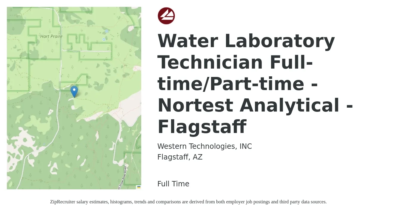 Western Technologies, Inc. job posting for a Water Laboratory Technician Full-time/Part-time - Nortest Analytical - Flagstaff in Flagstaff, AZ with a salary of $19 to $25 Hourly with a map of Flagstaff location.