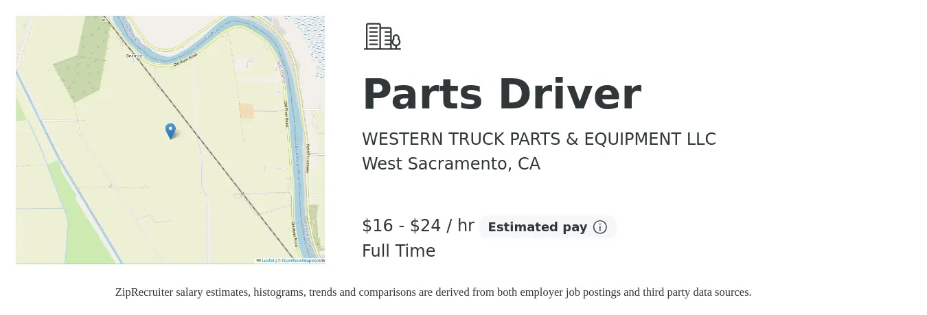 Western Truck Parts & Equipment job posting for a Parts Driver in West Sacramento, CA with a salary of $17 to $25 Hourly with a map of West Sacramento location.