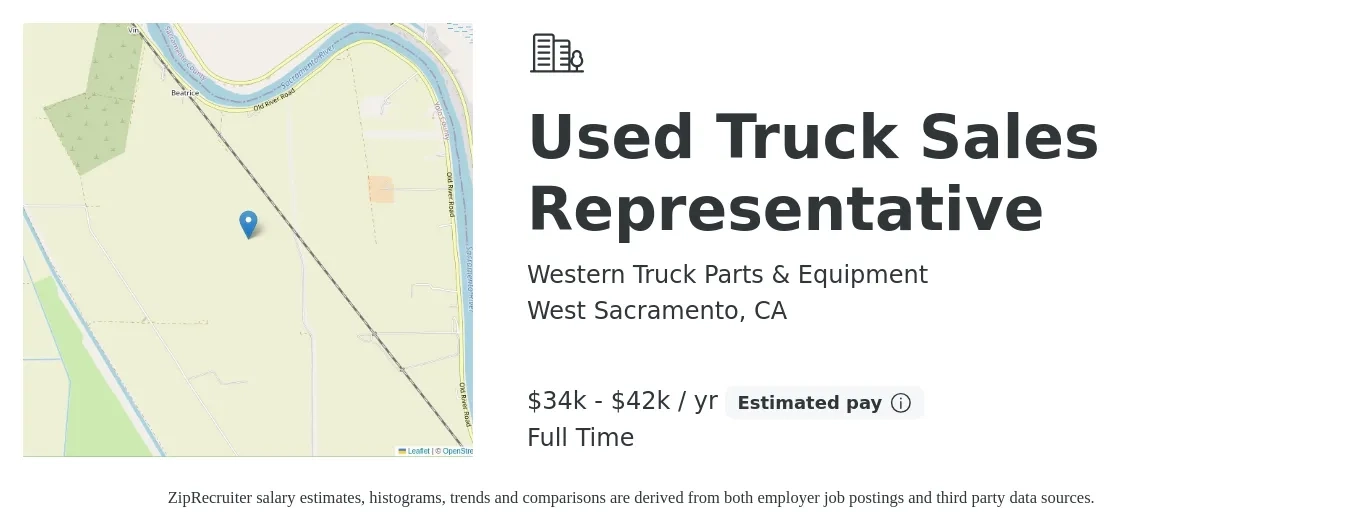 WESTERN TRUCK PARTS & EQUIPMENT LLC job posting for a Used Truck Sales Representative in West Sacramento, CA with a salary of $34,000 to $42,078 Yearly with a map of West Sacramento location.