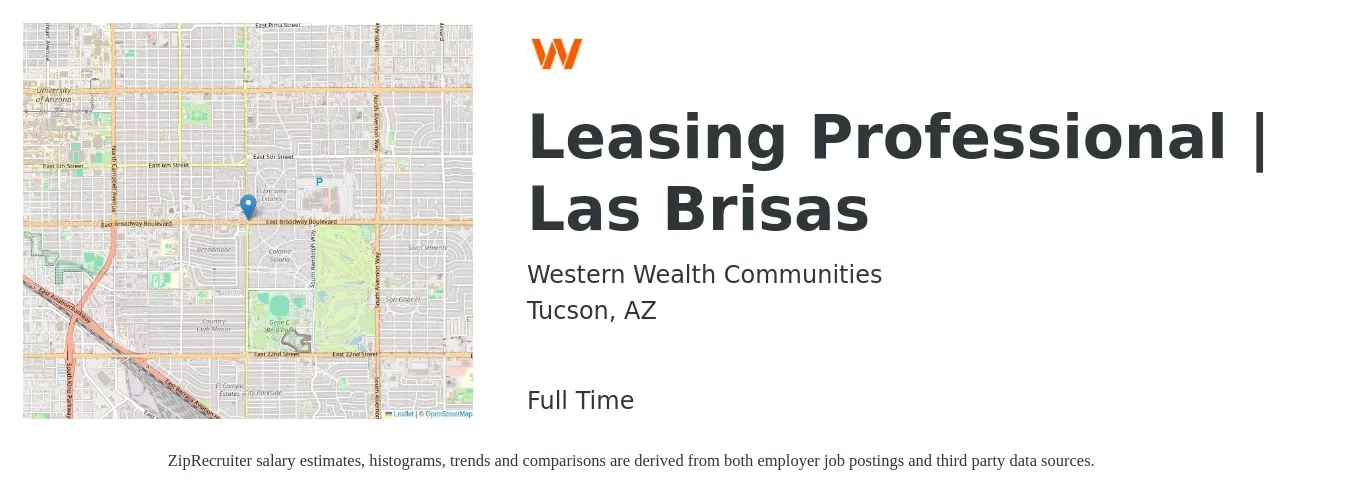 Western Wealth Communities job posting for a Leasing Professional | Las Brisas in Tucson, AZ with a salary of $15 to $18 Hourly with a map of Tucson location.
