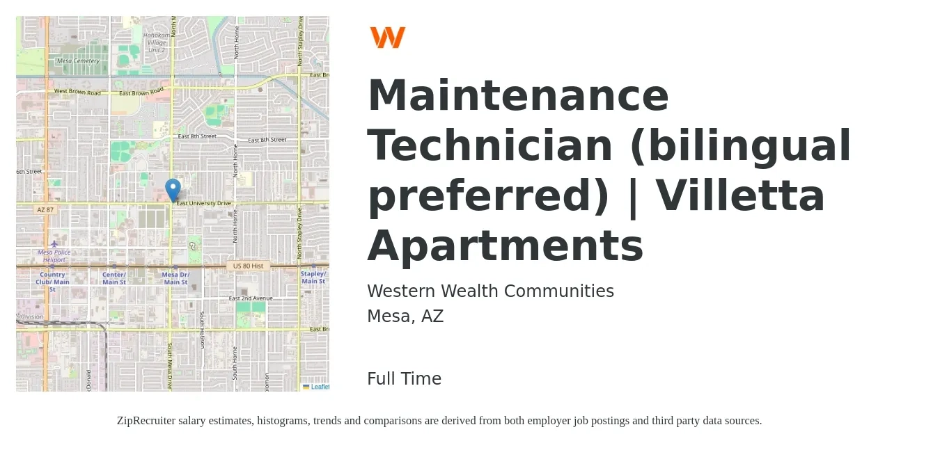 Western Wealth Communities job posting for a Maintenance Technician (bilingual preferred) | Villetta Apartments in Mesa, AZ with a salary of $18 to $25 Hourly with a map of Mesa location.