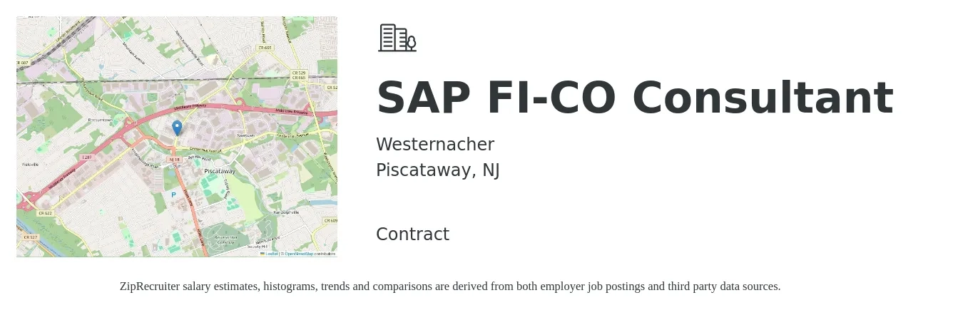 Westernacher job posting for a SAP FI-CO Consultant in Piscataway, NJ with a salary of $64 to $88 Hourly with a map of Piscataway location.