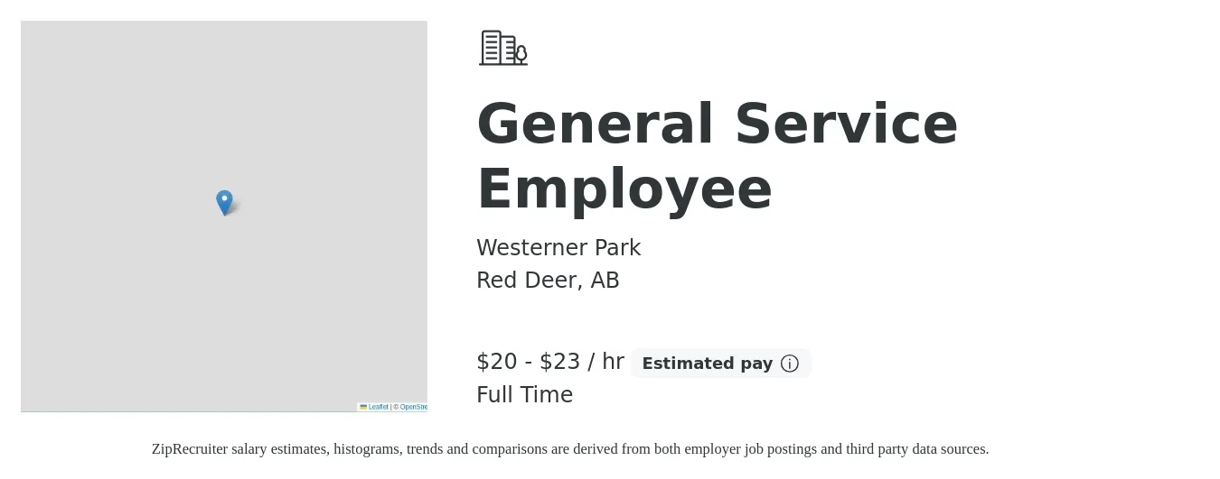 Westerner Park job posting for a General Service Employee in Red Deer, AB with a salary of $22 to $25 Hourly with a map of Red Deer location.