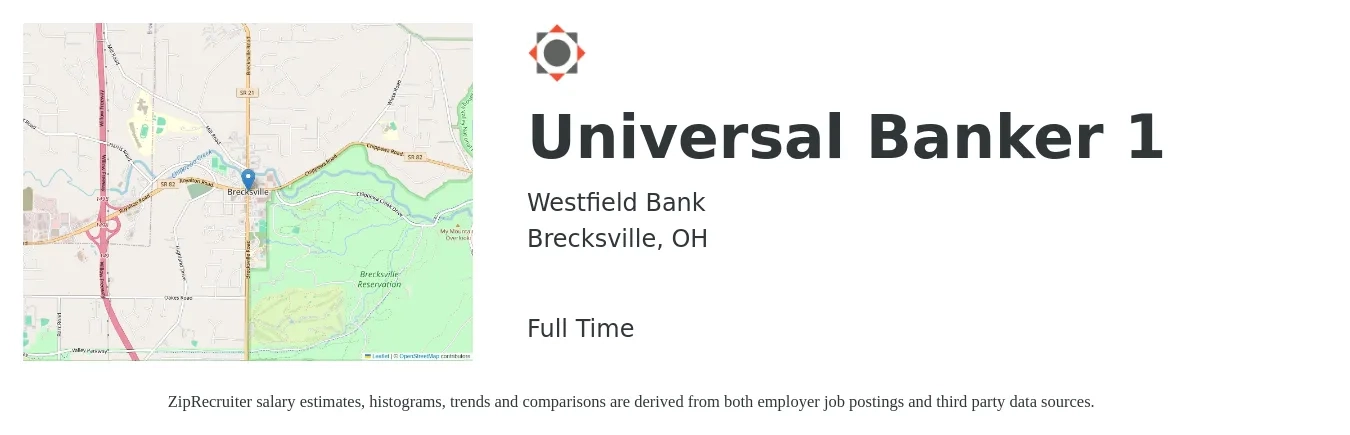 Westfield Bank job posting for a Universal Banker 1 in Brecksville, OH with a salary of $17 to $21 Hourly with a map of Brecksville location.