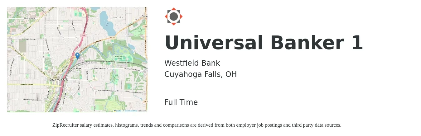 Westfield Bank job posting for a Universal Banker 1 in Cuyahoga Falls, OH with a salary of $16 to $20 Hourly with a map of Cuyahoga Falls location.