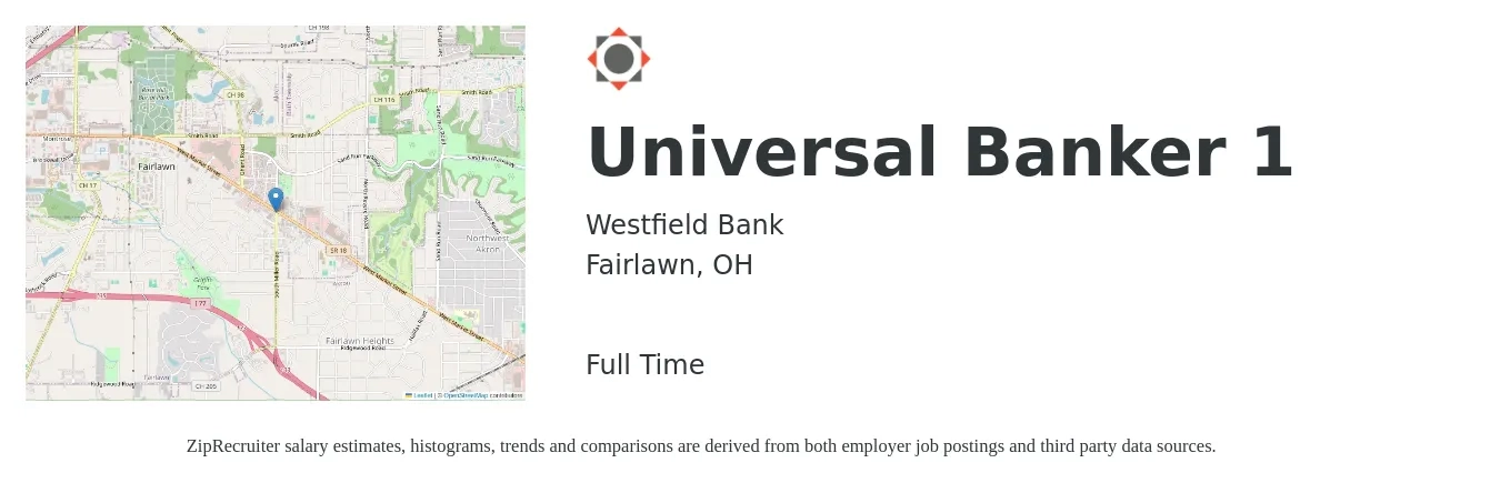 Westfield Bank job posting for a Universal Banker 1 in Fairlawn, OH with a salary of $16 to $20 Hourly with a map of Fairlawn location.