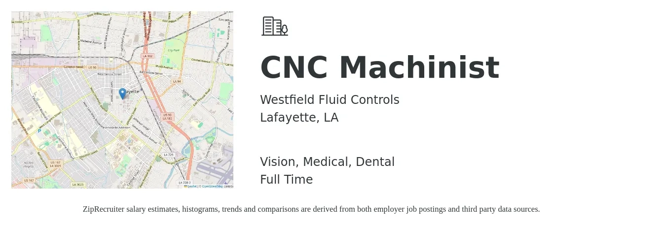 Westfield Fluid Controls job posting for a CNC Machinist in Lafayette, LA with a salary of $20 to $27 Hourly and benefits including vision, dental, life_insurance, medical, pto, and retirement with a map of Lafayette location.