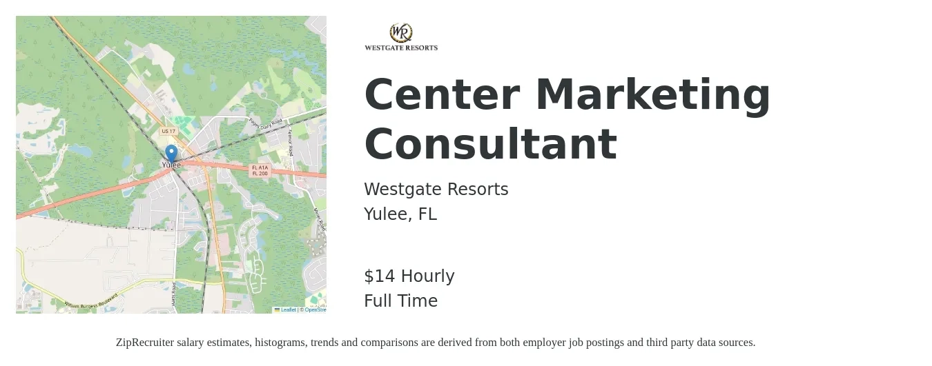Westgate Resorts job posting for a Center Marketing Consultant in Yulee, FL with a salary of $16 Hourly with a map of Yulee location.