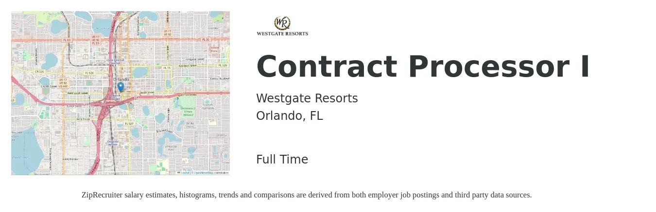 Westgate Resorts job posting for a Contract Processor I in Orlando, FL with a salary of $16 to $19 Hourly with a map of Orlando location.
