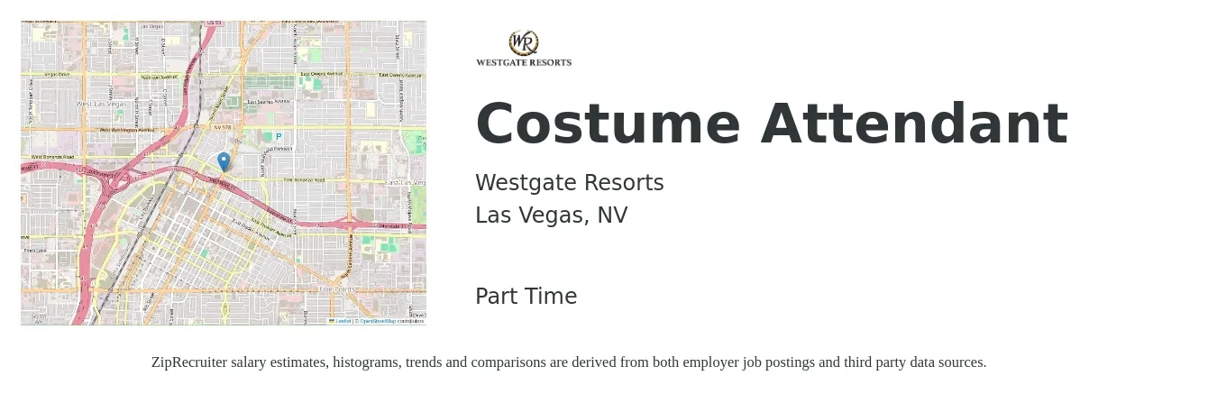 Westgate Resorts job posting for a Costume Attendant in Las Vegas, NV with a salary of $13 to $18 Hourly with a map of Las Vegas location.