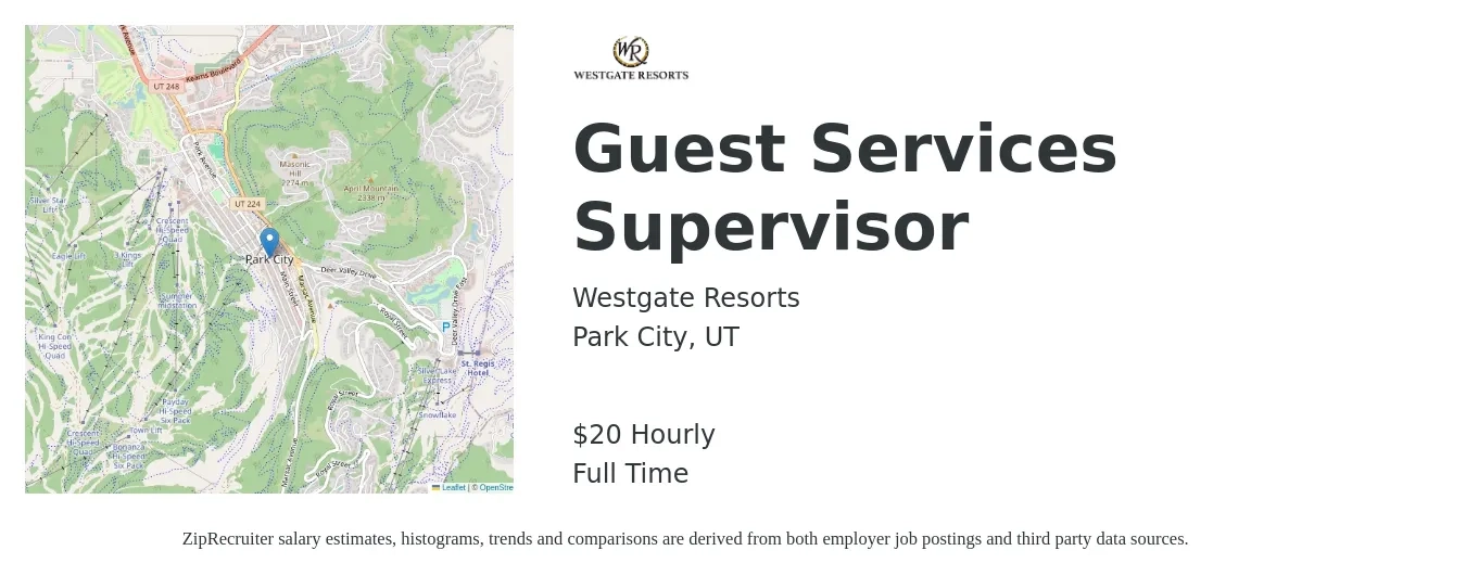 Westgate Resorts job posting for a Guest Services Supervisor in Park City, UT with a salary of $21 Hourly with a map of Park City location.