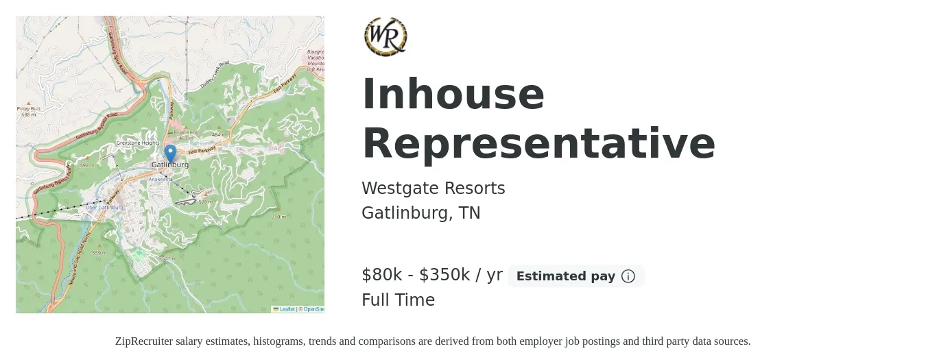 Westgate Resorts job posting for a Inhouse Representative in Gatlinburg, TN with a salary of $80,000 to $350,000 Yearly with a map of Gatlinburg location.