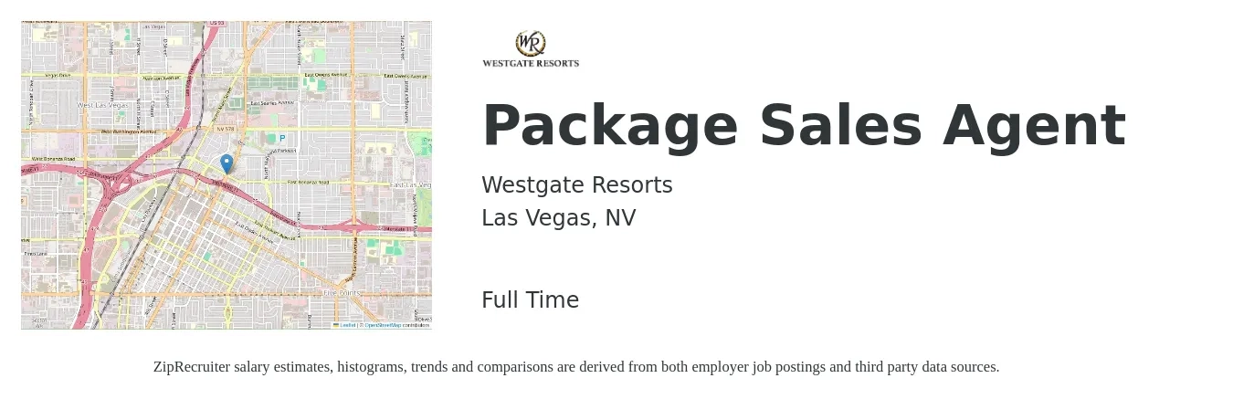 Westgate Resorts job posting for a Package Sales Agent in Las Vegas, NV with a salary of $33,500 to $90,800 Yearly with a map of Las Vegas location.