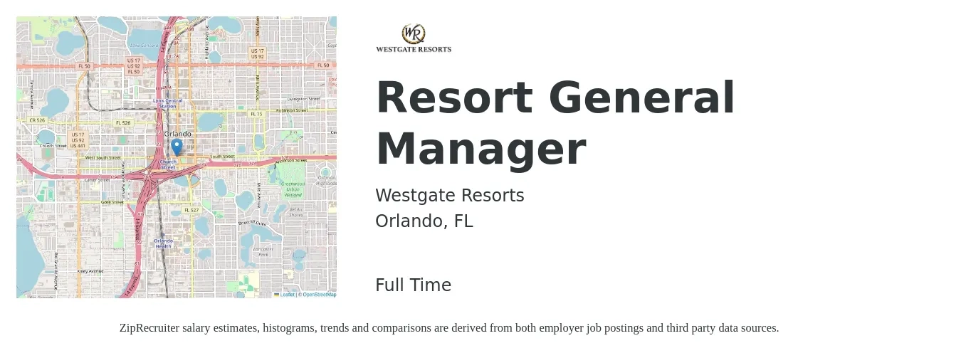 Westgate Resorts job posting for a Resort General Manager in Orlando, FL with a salary of $37,300 to $83,500 Yearly with a map of Orlando location.