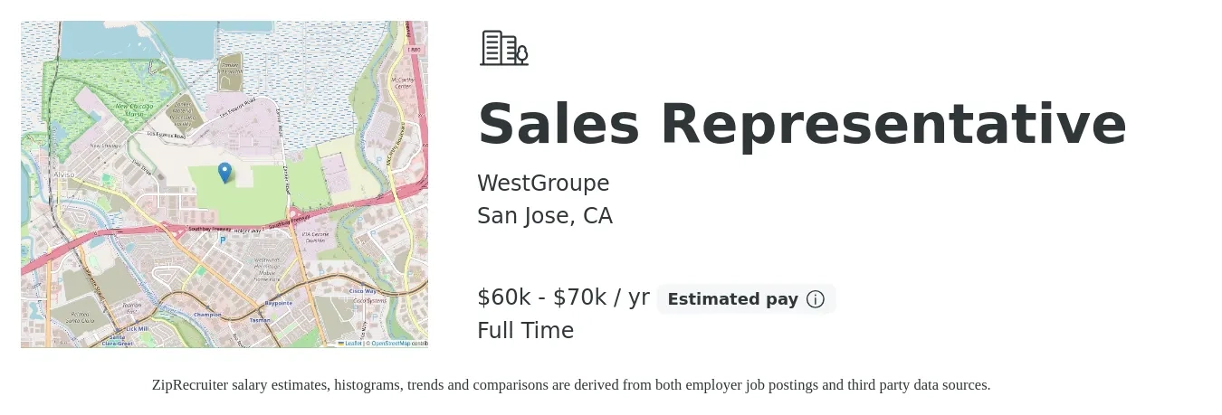 WestGroupe job posting for a Sales Representative in San Jose, CA with a salary of $60,000 to $70,000 Yearly with a map of San Jose location.
