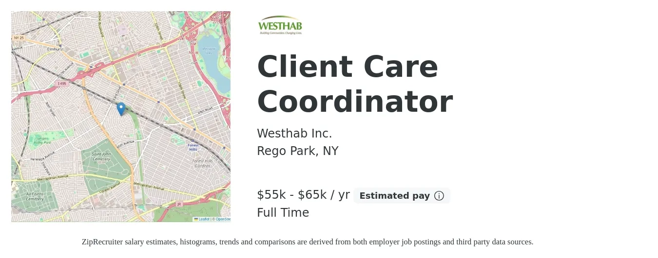 Westhab Inc. job posting for a Client Care Coordinator in Rego Park, NY with a salary of $55,000 to $65,000 Yearly with a map of Rego Park location.
