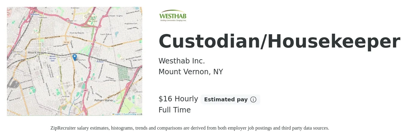 Westhab Inc. job posting for a Custodian/Housekeeper in Mount Vernon, NY with a salary of $17 Hourly with a map of Mount Vernon location.