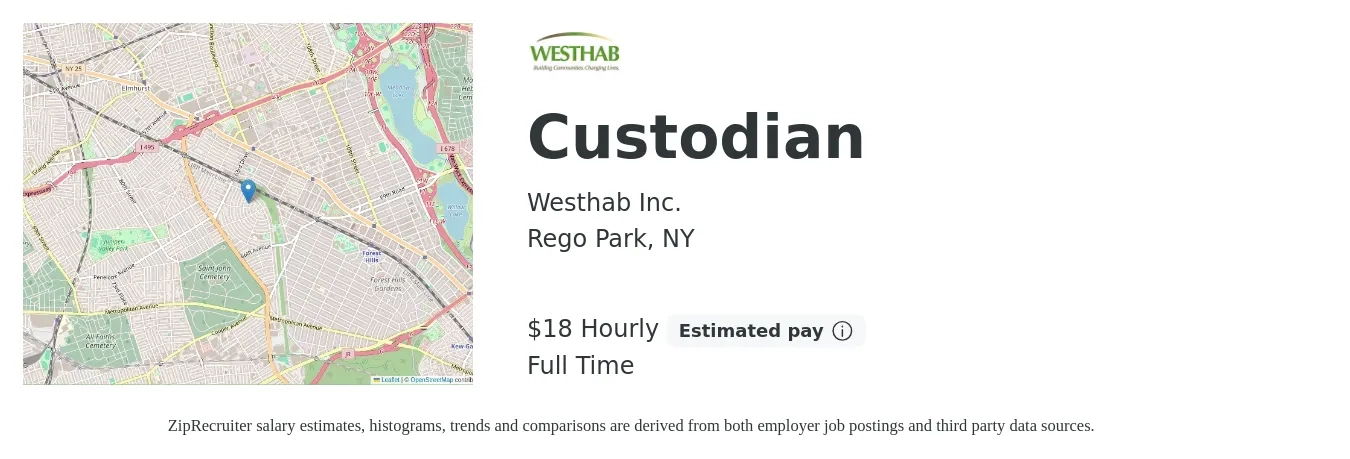 Westhab Inc. job posting for a Custodian in Rego Park, NY with a salary of $19 Hourly with a map of Rego Park location.