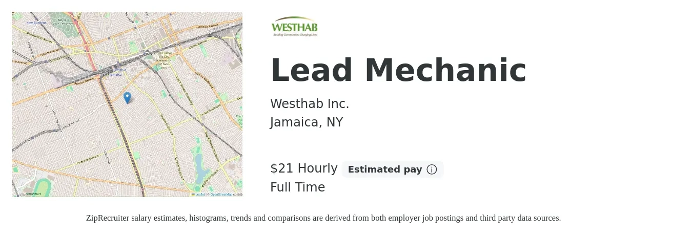 Westhab Inc. job posting for a Lead Mechanic in Jamaica, NY with a salary of $23 Hourly with a map of Jamaica location.