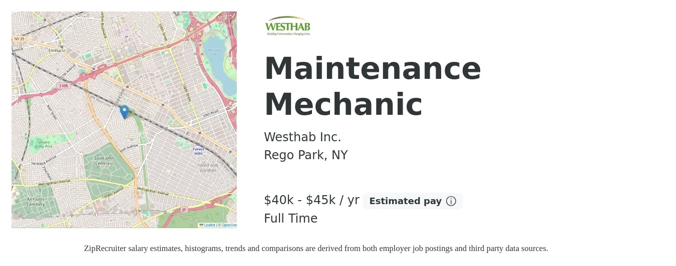 Westhab Inc. job posting for a Maintenance Mechanic in Rego Park, NY with a salary of $40,000 to $45,000 Yearly with a map of Rego Park location.