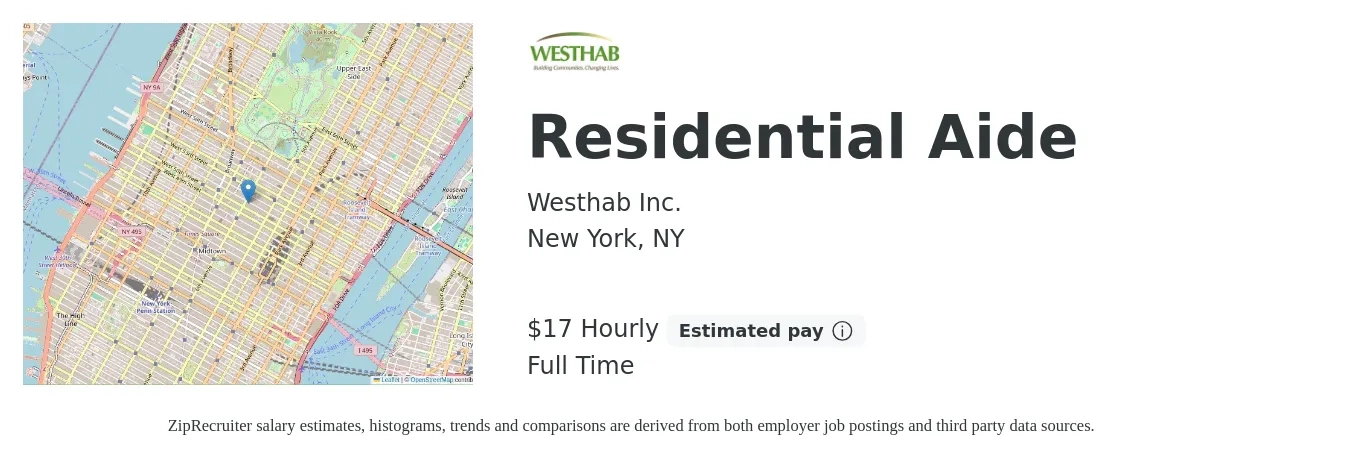 Westhab Inc. job posting for a Residential Aide in New York, NY with a salary of $18 Hourly with a map of New York location.