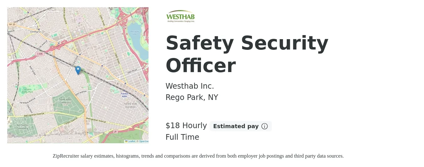 Westhab Inc. job posting for a Safety Security Officer in Rego Park, NY with a salary of $20 Hourly with a map of Rego Park location.
