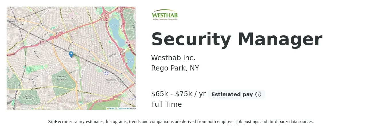 Westhab Inc. job posting for a Security Manager in Rego Park, NY with a salary of $65,000 to $75,000 Yearly with a map of Rego Park location.