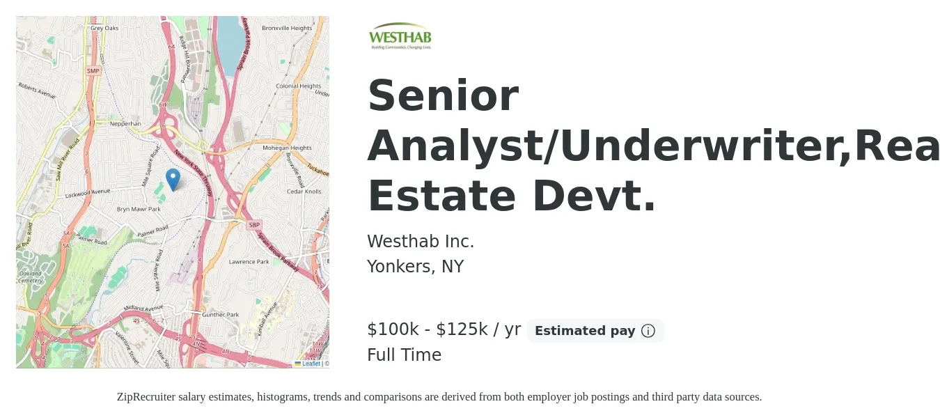 Westhab Inc. job posting for a Senior Analyst/Underwriter,Real Estate Devt. in Yonkers, NY with a salary of $100,000 to $125,000 Yearly with a map of Yonkers location.