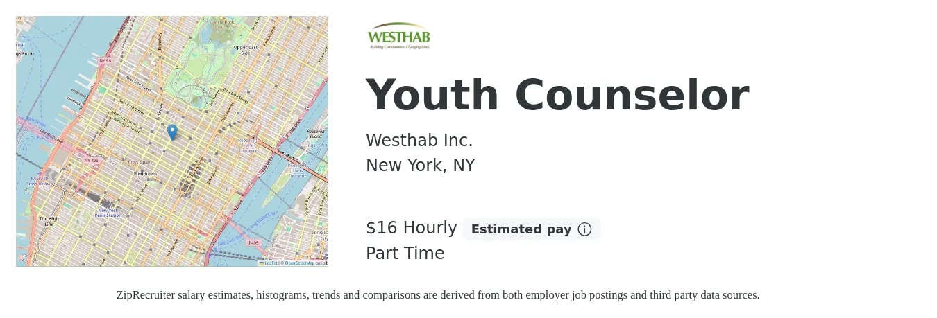 Westhab Inc. job posting for a Youth Counselor in New York, NY with a salary of $17 Hourly with a map of New York location.