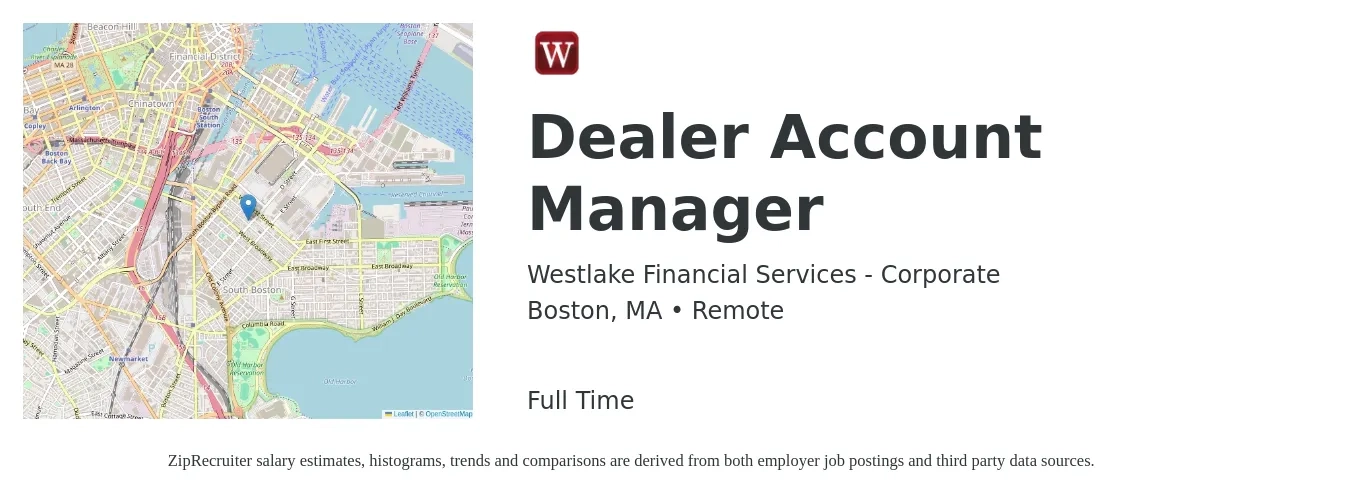 Westlake Financial Services - Corporate job posting for a Dealer Account Manager in Boston, MA with a salary of $42,900 to $72,200 Yearly with a map of Boston location.