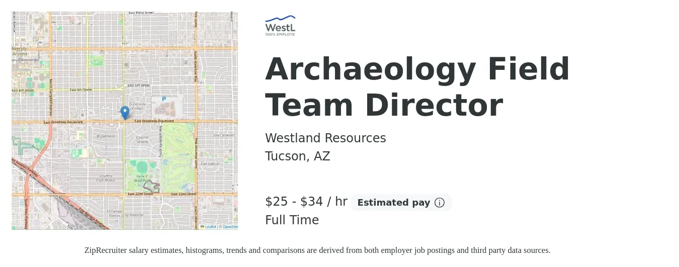 Westland Resources job posting for a Archaeology Field Team Director in Tucson, AZ with a salary of $27 to $36 Hourly with a map of Tucson location.