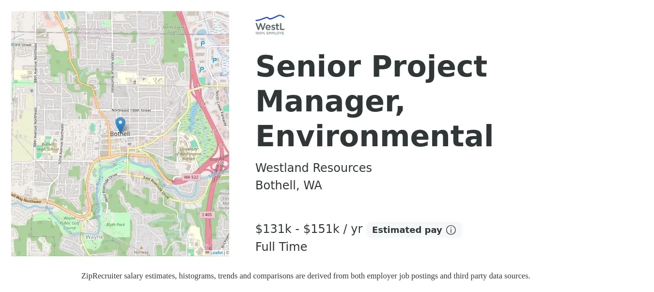 Westland Resources job posting for a Senior Project Manager, Environmental in Bothell, WA with a salary of $131,000 to $151,000 Yearly with a map of Bothell location.