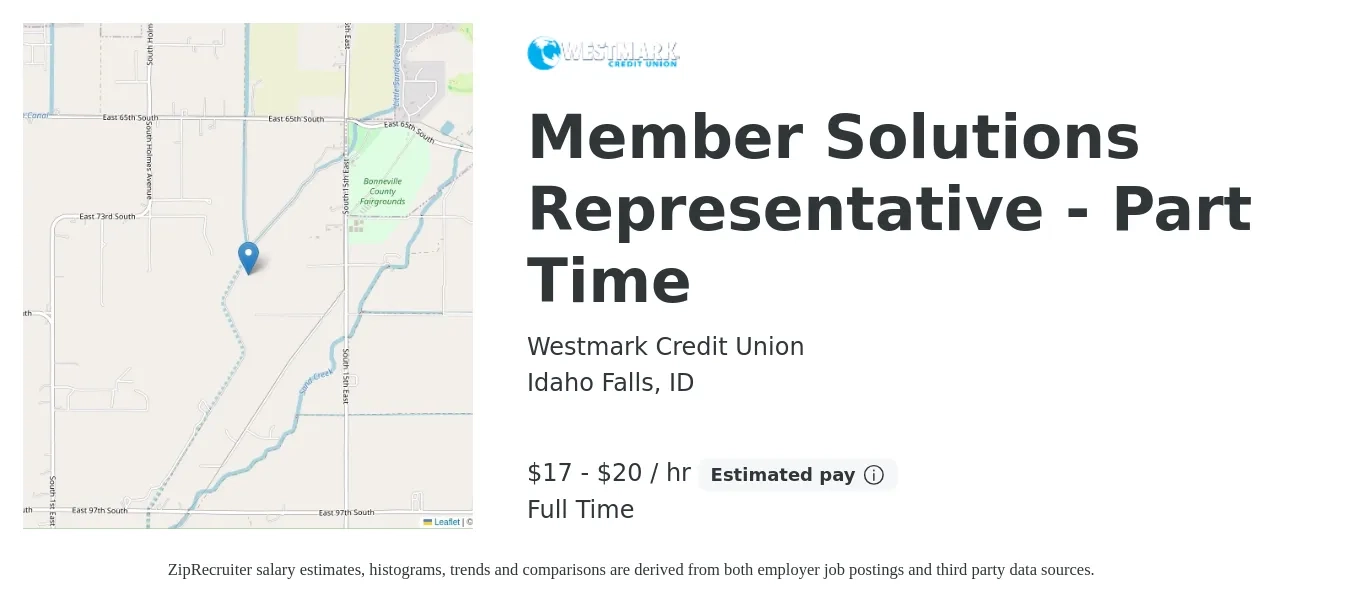 Westmark Credit Union job posting for a Member Solutions Representative - Part Time in Idaho Falls, ID with a salary of $18 to $21 Hourly with a map of Idaho Falls location.